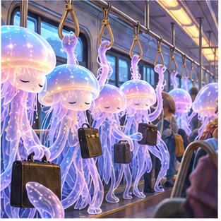 満員電車で触手につり革をつかむクラゲたち